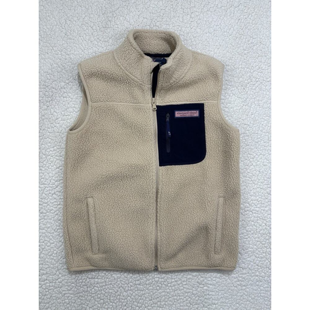 Vineyard Vines Sherpa Vest Sz Youth M 12-14 Shep Fleece Beige Pocket Preppy